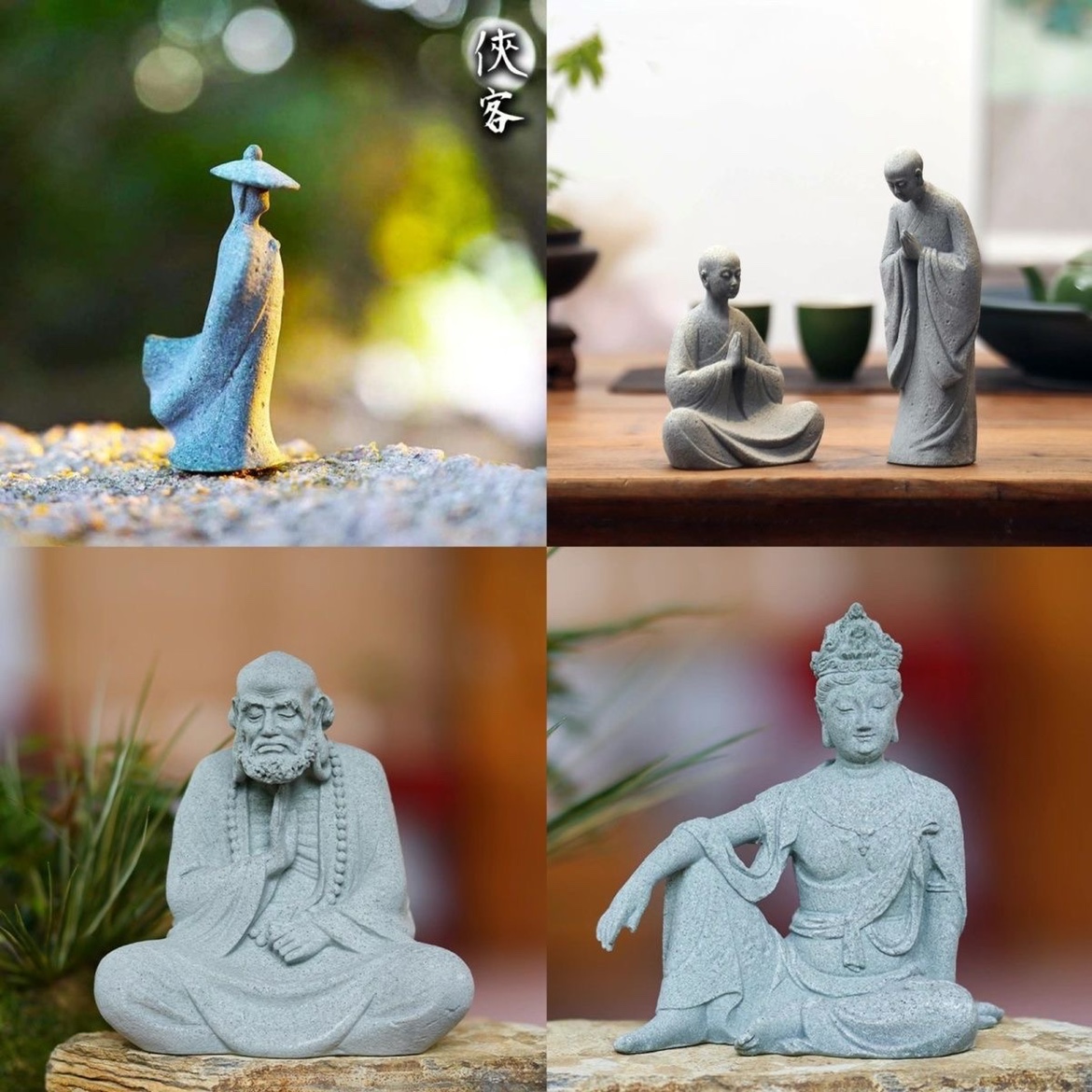 中式侠客许愿僧达摩微景观奇石鱼缸苔藓造景禅意东方美学庭院摆件