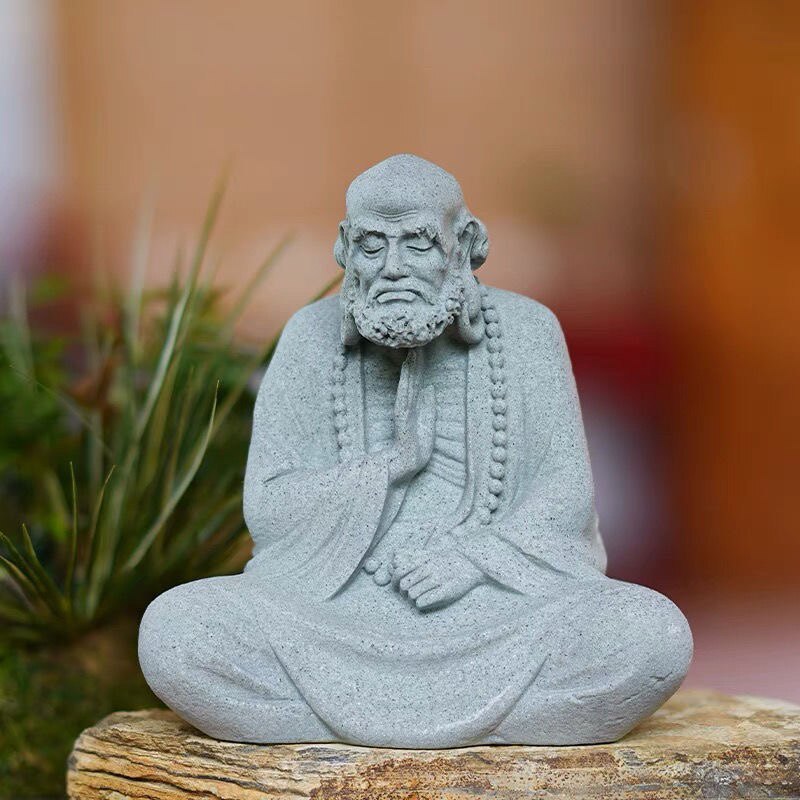 禅意达摩祖师石像中式家居桌面摆件复古茶具柜鱼缸宠创意小装饰品