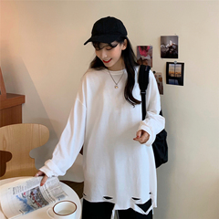 Real shot real price Korean design feeling breach long sleeve versatile round neck bottomed T-shirt