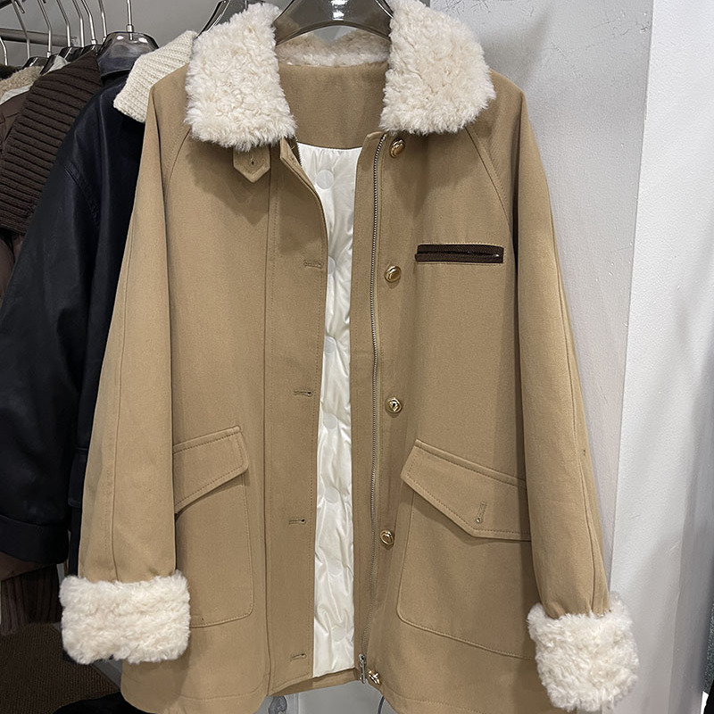 2025新女秋冬时尚中长款外套女宽松显瘦上衣羽绒内胆保暖羊羔毛