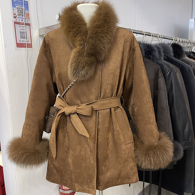 狐狸毛领收腰外套女中长款系带麂皮绒大衣气质羽绒内胆白鸭绒秋冬