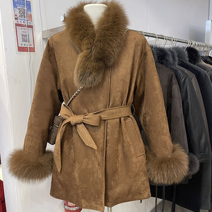 狐狸毛领收腰外套女中长款系带麂皮绒大衣气质羽绒内胆白鸭绒秋冬