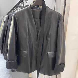 质感宽松减龄西装 休闲气质V领PU皮皮衣中长款 女 新时尚 2026春装