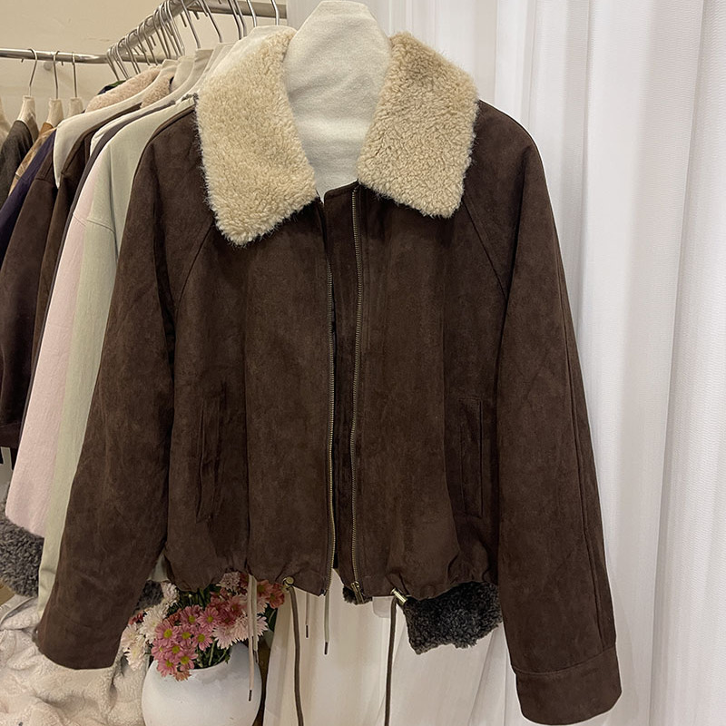 2025新女秋冬时尚夹棉内胆短款外套女宽松显瘦上衣羊羔毛皮毛一体