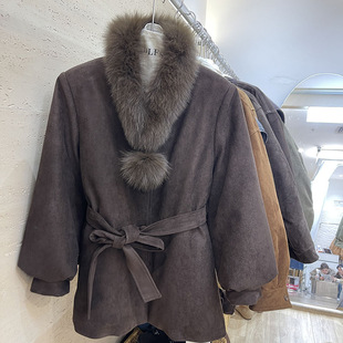 狐狸毛领外套女冬季收腰系带束腰灯笼袖大衣高级感羽绒内胆麂皮绒