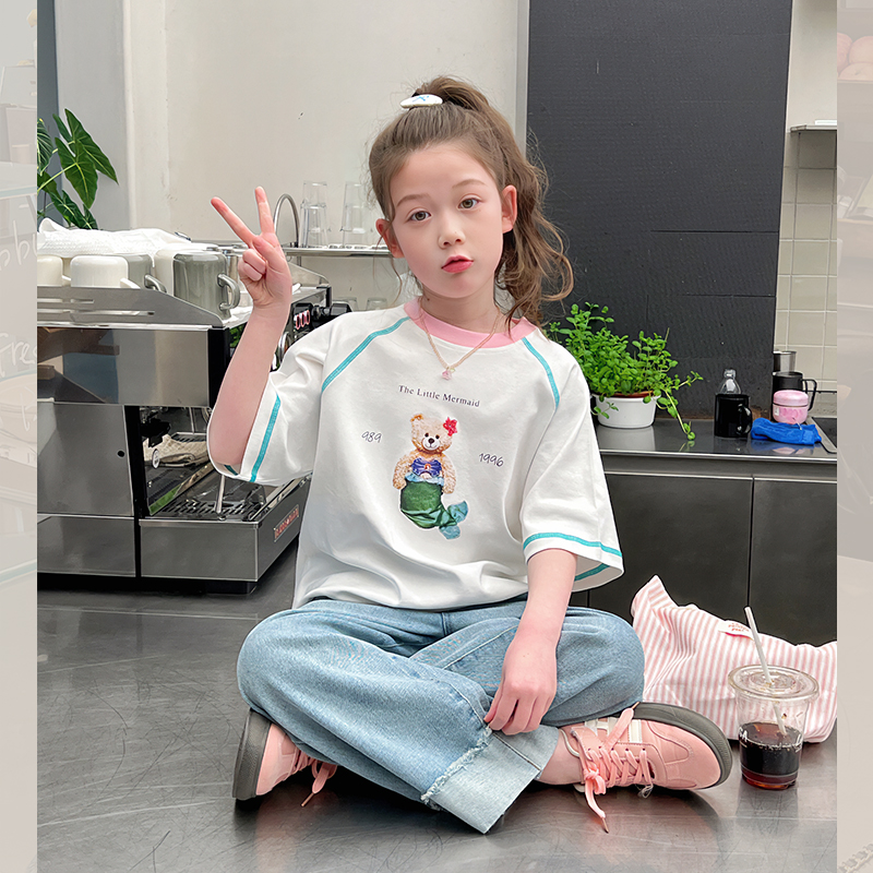 大童装宽松洋气短袖白t恤女童落肩韩版小衫上衣儿童2025夏装新款