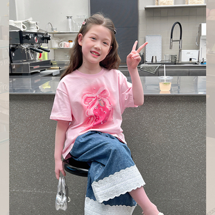 新款 女孩女童洋氣寬松短袖 t恤兒童落肩網(wǎng)紅上衣小衫 大童2025夏裝