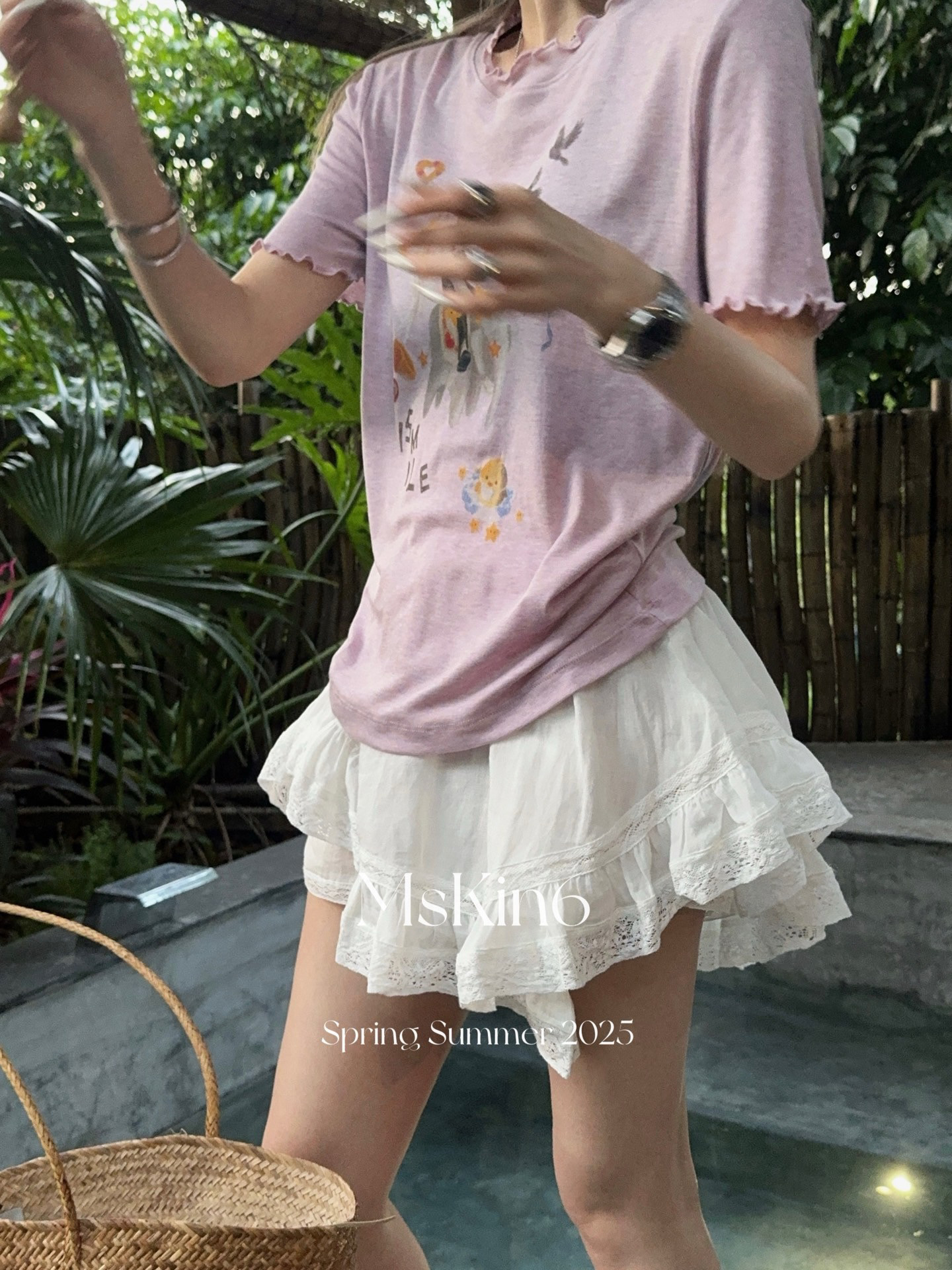 MsKin6美式复古蕾丝拼接半身裙女夏高腰显瘦A字裙百搭短裙