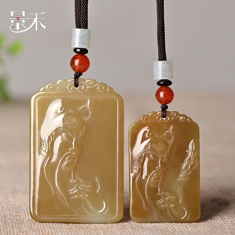 景禾 和田玉关公吊坠天然新疆且末糖料关二爷挂件玉石玉佩玉牌