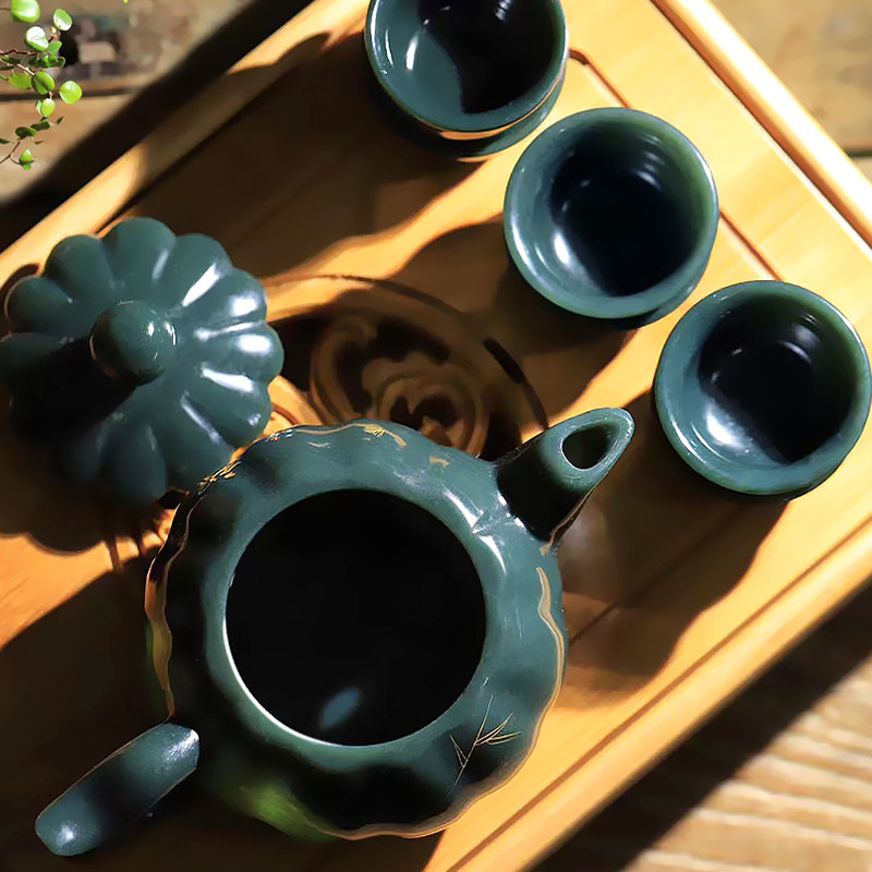 新疆和田玉茶壶摆件天然青玉茶具酒壶酒杯茶杯套装玉石收藏礼品