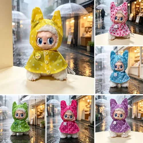 喵变猫新款盲盒拉布布衣服外出防水服可穿孔17CM玩偶着替雨披雨衣