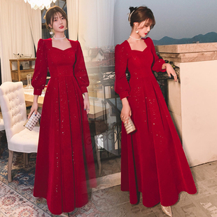 新娘酒红色敬酒服结婚2026新款秋冬晚礼服平时可穿礼服回门连衣裙