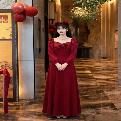 优雅方领长袖A字裙长裙气质显瘦