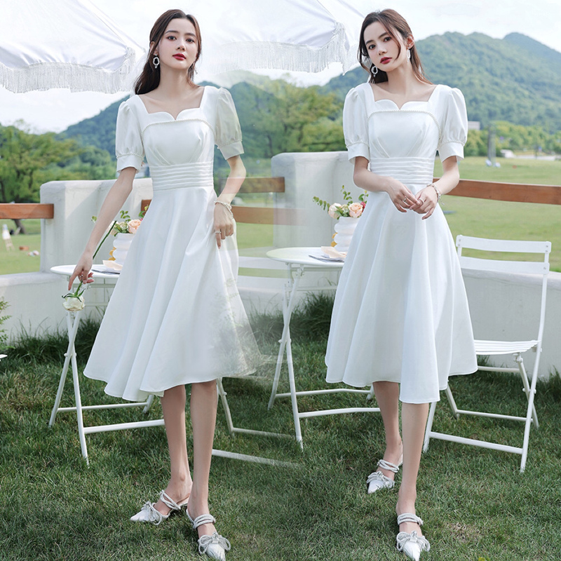 优雅方领短袖A字裙显瘦礼服