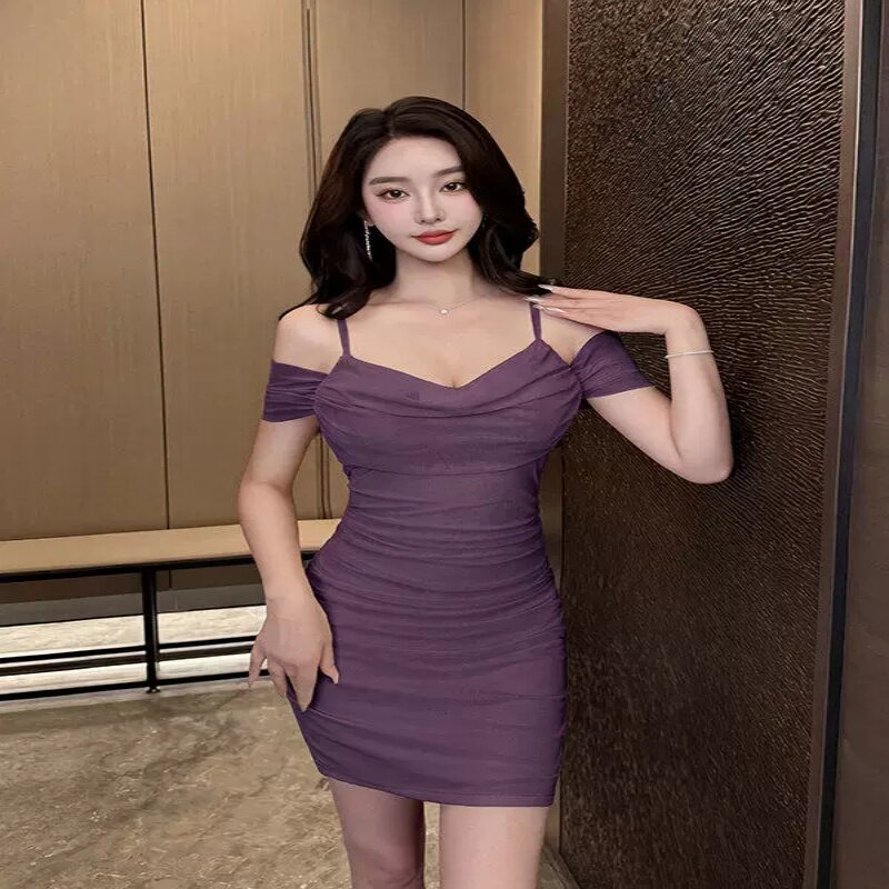 性感夜场工作服KTV公主裙低胸褶皱气质修身包臀露肩吊带连衣裙女