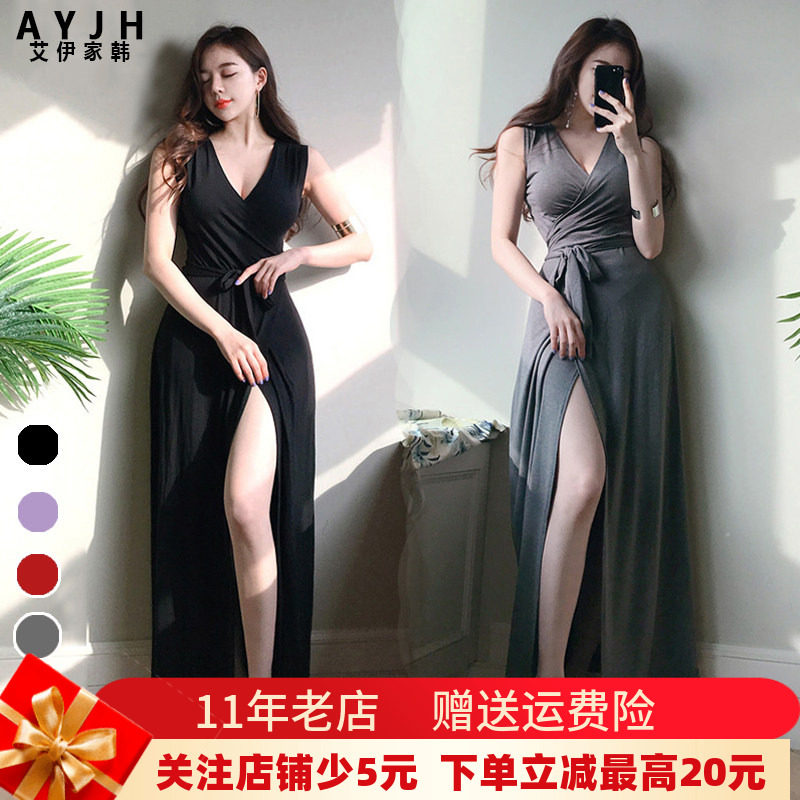 背心一片式绑带大深微v领莫代尔连衣裙无袖夏天显瘦修身紫色长裙