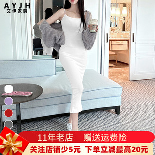 带胸垫纯欲欧美显身材包臀莫代尔棉连衣裙吊带紧身旗袍内衬后开叉