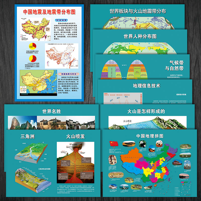 世界板块人种宣传画地理课件挂图中国火山形成地震带分布图kph40