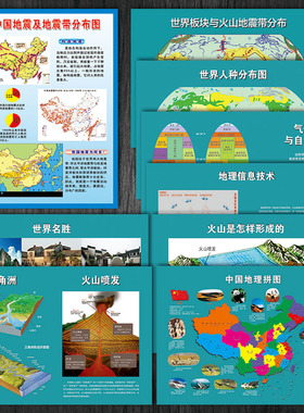 世界板块人种宣传画地理课件挂图中国火山形成地震带分布图KPH40