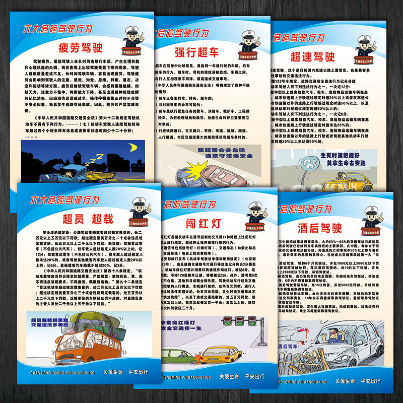 交通安全生产知识宣传画海报六大危险驾驶行为挂图贴画套图jtx15