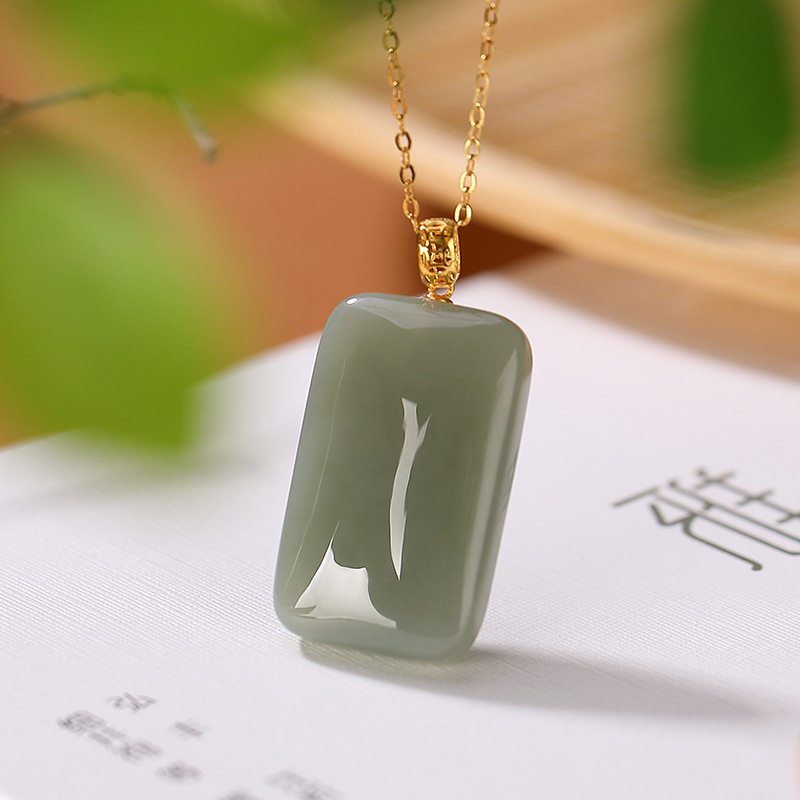 18K金天然和田青玉无事牌吊坠复古个性铜钱钱币女士款挂坠