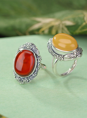 S925纯银血珀蜜蜡蛋面繁花大气民族风花卉椭圆复古指环