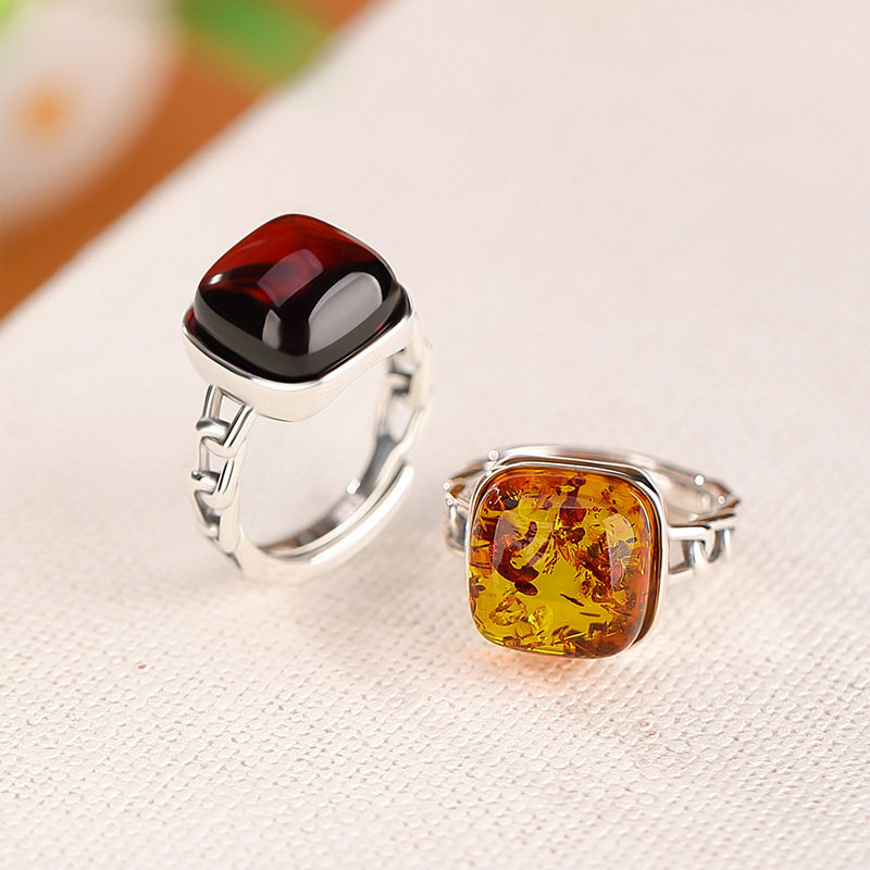 S925纯银血珀花珀复古做旧几何方形戒指气质简约银开口指环