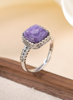 紫龙晶手饰银饰S925纯银方形麦穗欧美风设计感戒指爆款