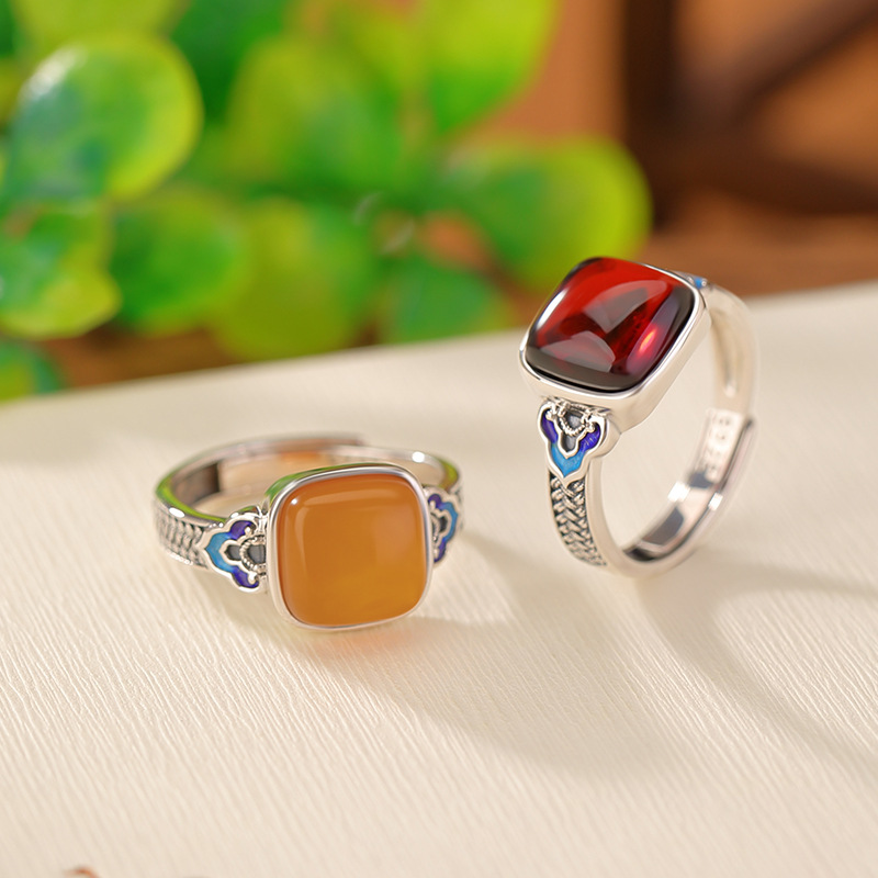 S925纯银蜜蜡血珀复古做旧国潮景泰蓝如意方形戒指编织指环