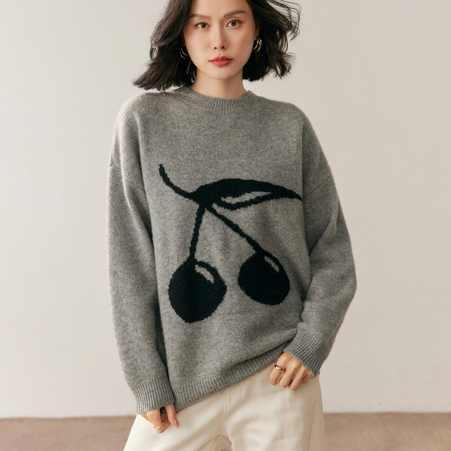 Z.M.R 明xing大樱桃 baby小山羊绒加厚提花针织衫女圆领宽松毛衣