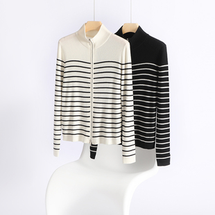 【精致艺术】精纺超细羊毛立领黑白条纹针织开衫女拉链薄款外套
