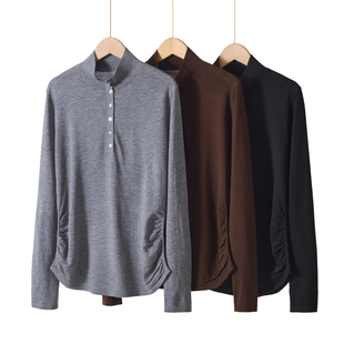 Z.M.R 精纺羊毛混纺 简约半开立领针织打底衫女通勤上衣侧边捏褶