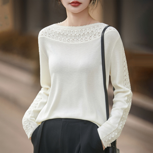 16针精纺 温柔一字领钩花镂空羊毛混纺套衫针织打底衫女薄款毛衣