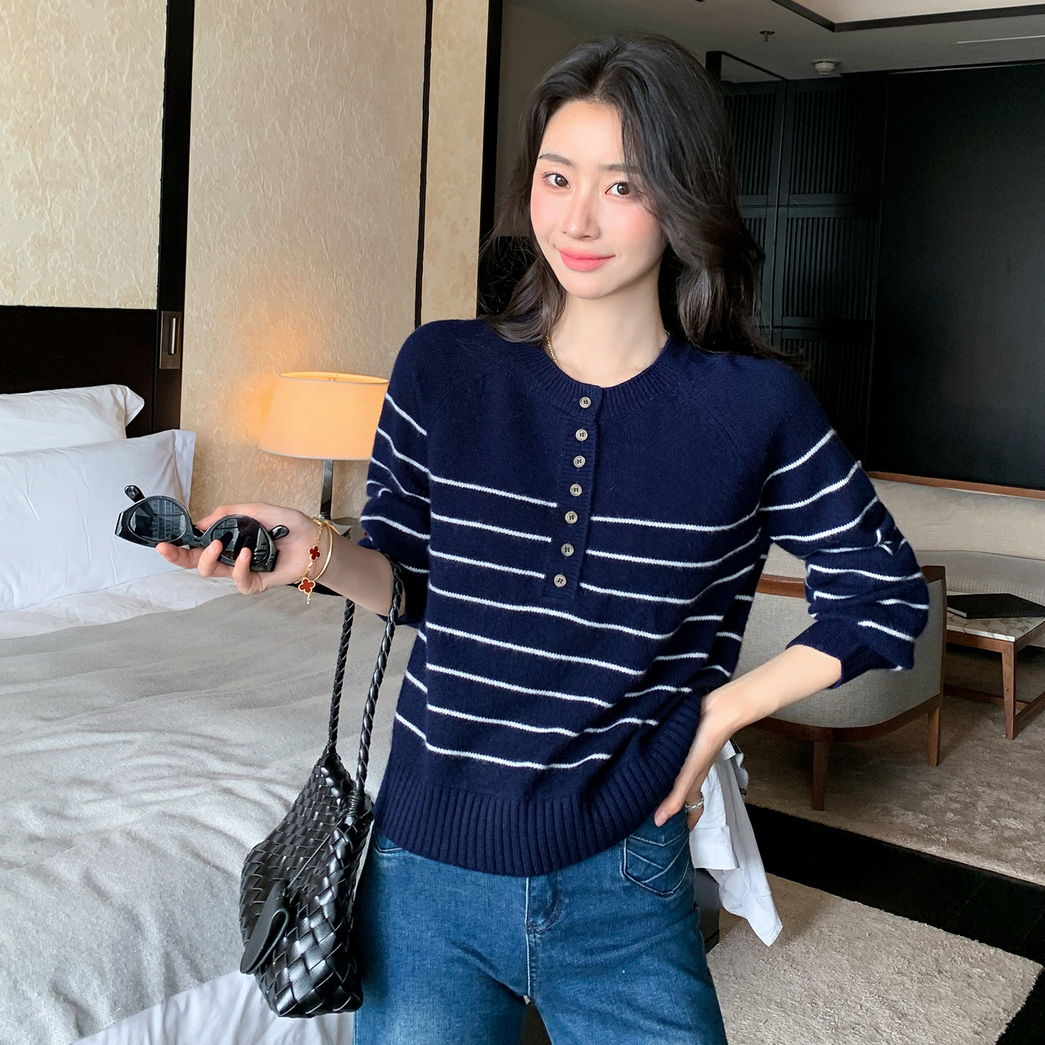 Z.M.R丨亨利半开领条纹衫 baby小山羊绒衫女撞色针织衫毛衣上衣