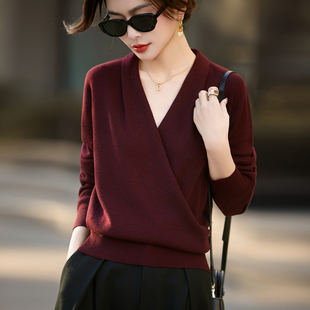 Z.M.R 优雅贵气 法式通勤交叉叠襟领精纺羊毛混纺针织女气质上衣