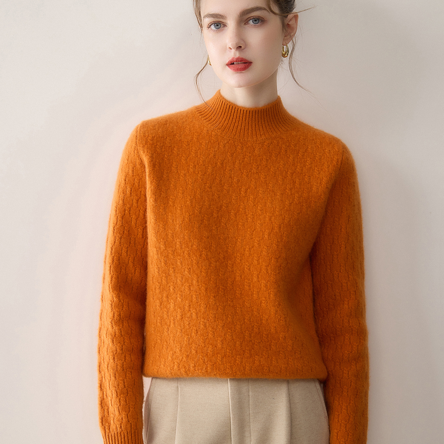 【重磅全身小绞花】四股加厚100%纯山羊绒衫女针织宽松半高领毛衣