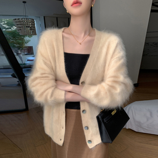 慵懒静奢风 女V领开衫 宽松毛衣外套针织衫 上衣 拉绒加厚山羊绒衫