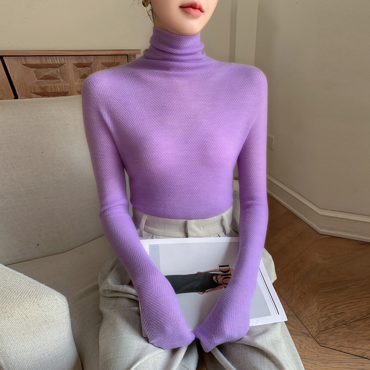 鱼骨纹理感 薄款精纺扬子纱100%纯羊毛衫女针织一线无缝打底衫,女装/女士精品,毛针织衫,淘宝优惠券,粉丝福利购,淘宝优惠卷