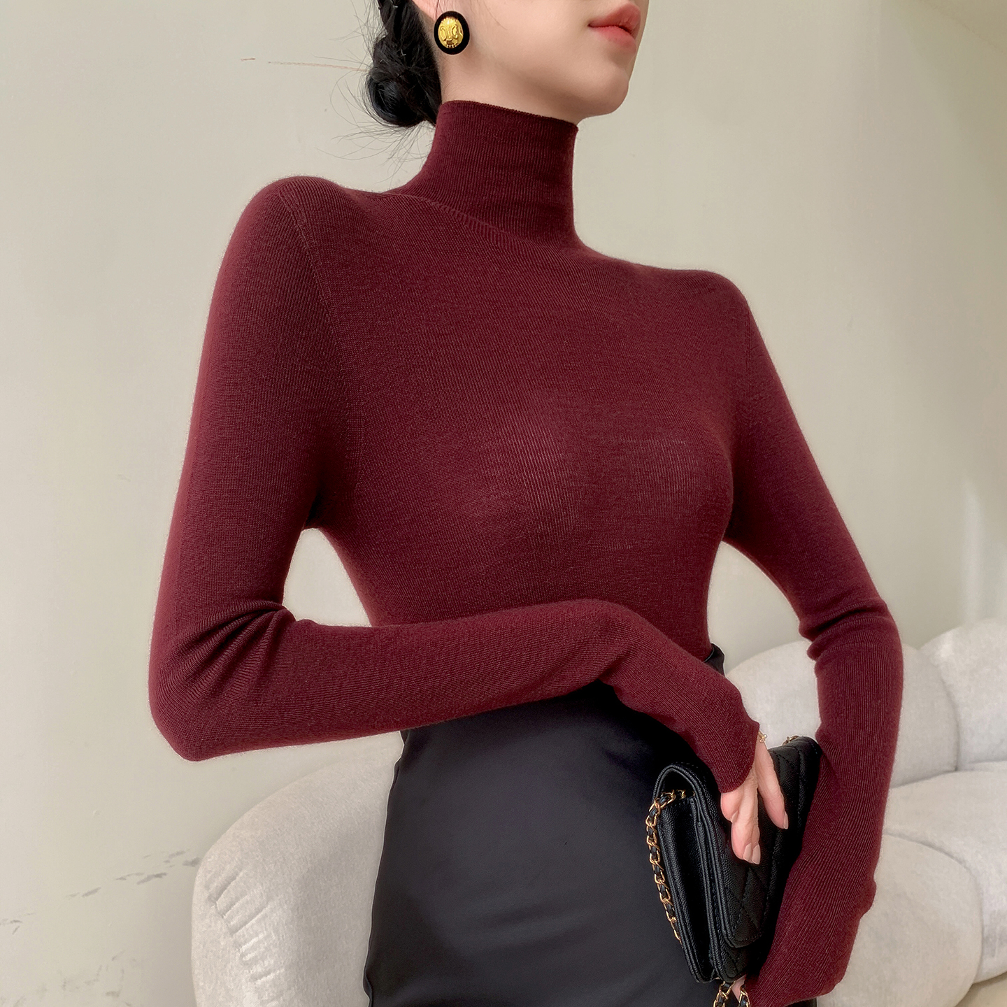 【超薄无缝精纺扬子纱全羊毛衫】紧身针织打底上衣女高领微透毛衣