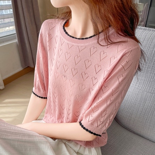 Z.M.R 爱心提花 100莱赛尔天丝镂空针织衫女短袖休闲T恤薄款上衣