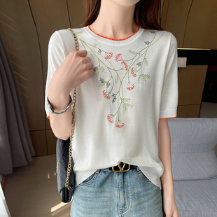 Z.M.R 重工绣花 100莱赛尔天丝短袖T恤女圆领薄款针织半袖上衣