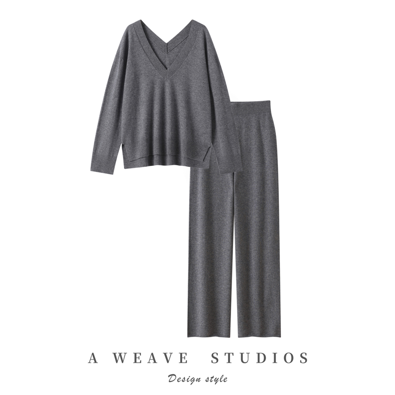 【扬子纱全羊毛套装】早秋新款精纺女V领针织衫毛衣+直筒裤两件套