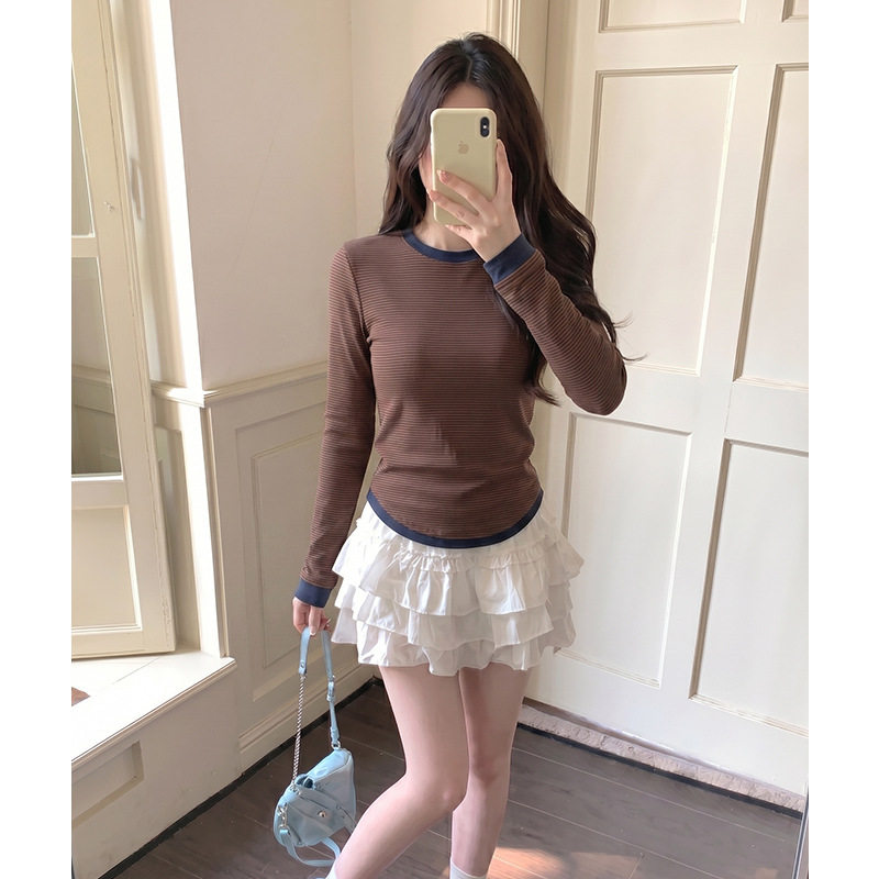 小7家ins棕色条纹圆领打底衫长袖T恤女2026秋季新款修身显瘦短款