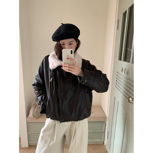 小7家ins 韩系羊羔毛翻领皮衣羽绒服外套女冬季短款工装夹克上衣