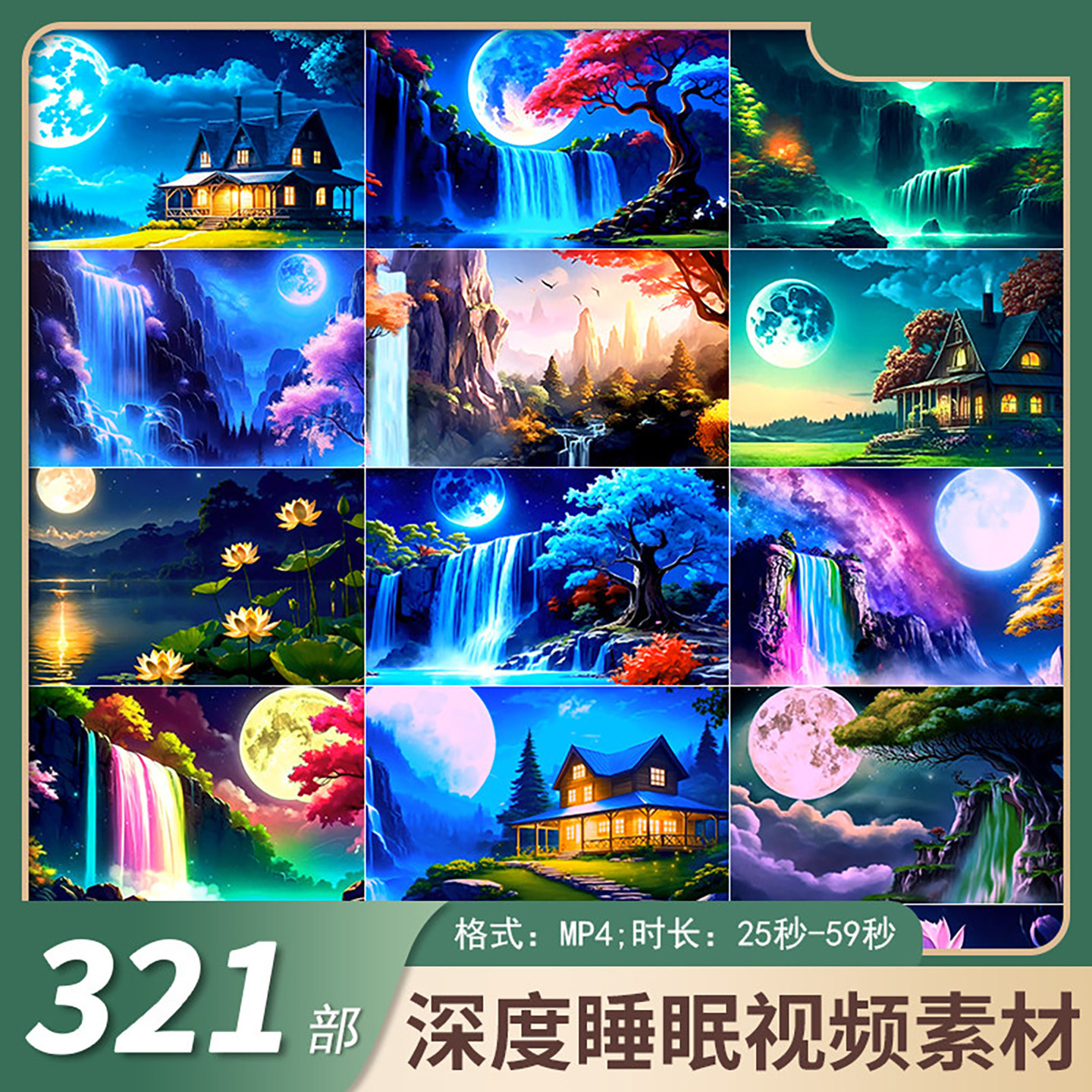 深度睡眠主题AI视频惬意夜晚冥想疗愈放松莲花瀑布蝴蝶视频素材画
