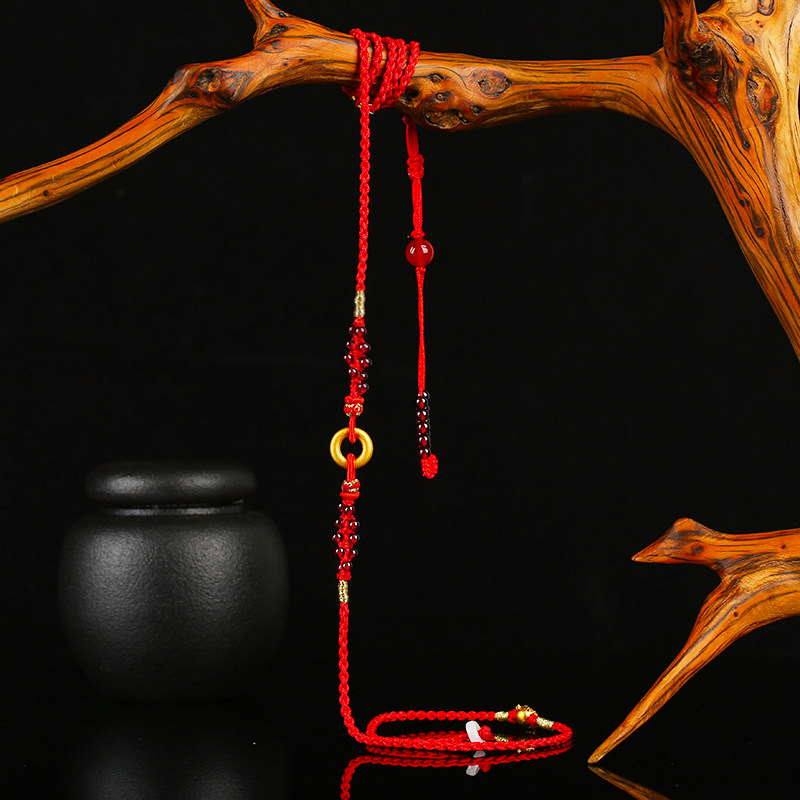 999足金本命年红绳腰链3D黄金生肖蛇红腰带元宝平安扣腰绳女礼物