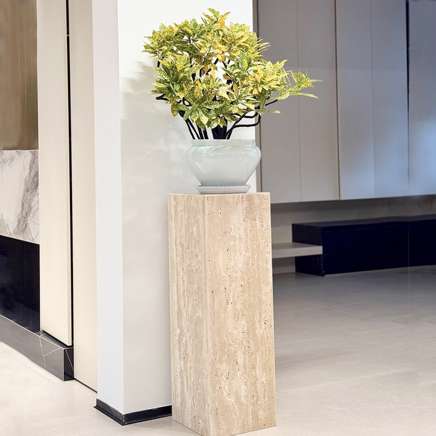 侘寂风天然洞石大理石边几客厅沙发边桌设计师款创意石墩立柱底座