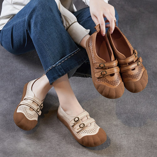 夏季真皮镂空复古手工透气女凉鞋