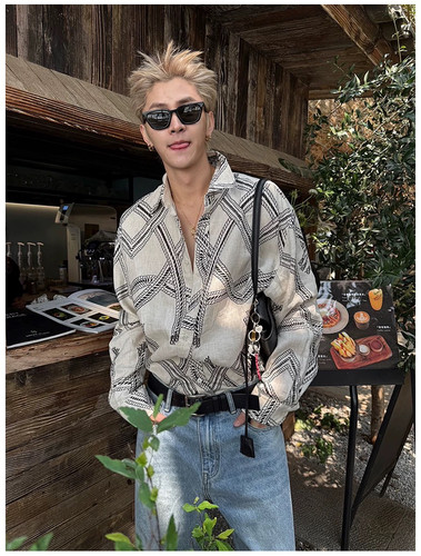 美式复古重磅亚麻老钱风绳草纹图腾廓形衬衣衬衫男款宽松休闲上衣