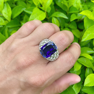 18k白金豪华蓝宝石男戒彩色宝石男士活扣戒指pt950铂金莫桑钻戒潮